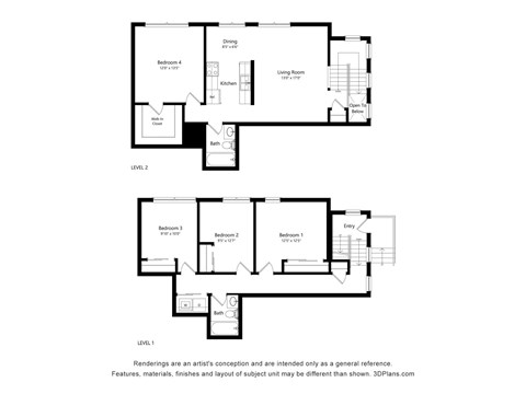 Floor plan for 4 beds, 2 baths, 1498 sqft